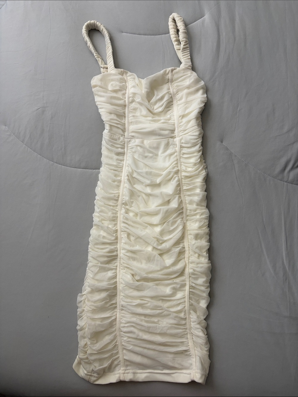 White Ruched Midi Dress with Twisted Straps